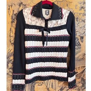 Tricot Chic Italy Mixed Media Floral Stripe Knit Sweater Top Black White IT 46